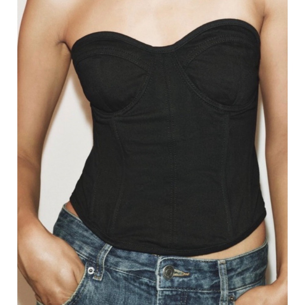 Zara‎ Black Denim Bustier Corset Top Strapless Sweetheart Neck S Festival Baddie